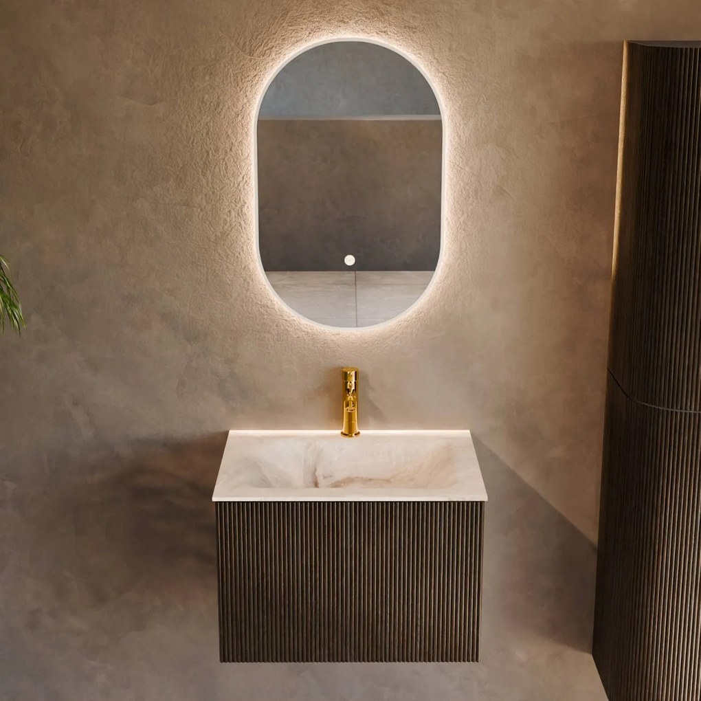 Mondiaz Kurve-dlux 60cm badmeubel shadow met 1 lade en wastafel cloud midden 1 kraangat frappe
