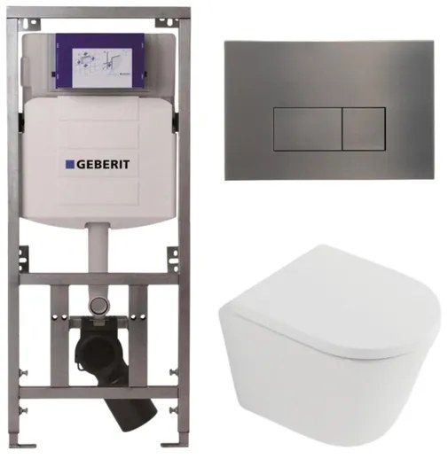QeramiQ Dely Toiletset - 36.3x51.7cm - diepspoel - rimless - Geberit UP320 inbouwreservoir - softclose toilet zitting 35 mm - gunmetal bedieningsplaat - rechthoekige knoppen - mat wit SW1026254/SW1000767/0701131/SW706199