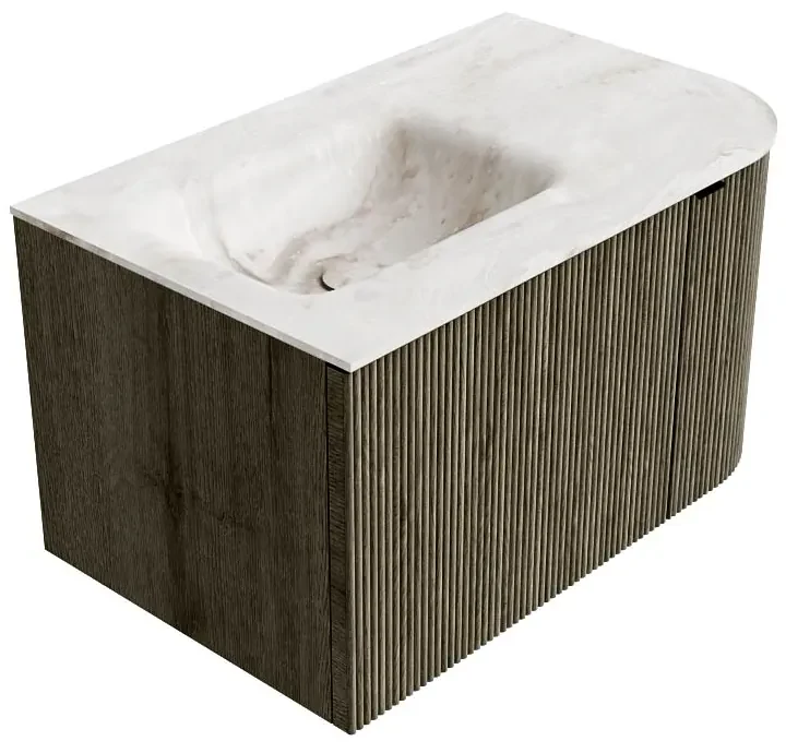 Mondiaz Kurve-dlux 75cm badmeubel ronding rechts shadow met 1 lade en deur en wastafel grunne links zonder kraangat frappe