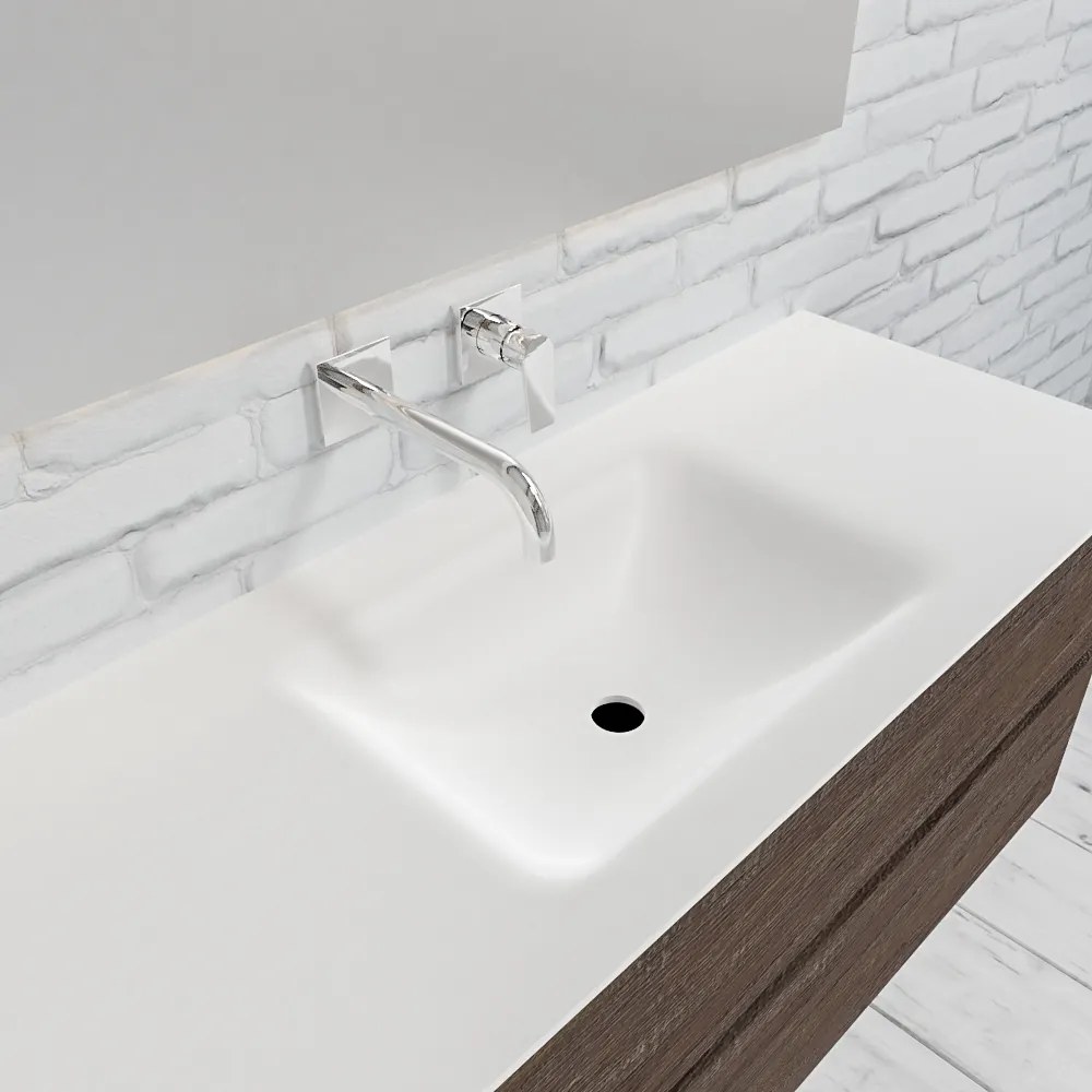 Zaro Valencia Solid Surface badmeubel 120cm donker eiken zonder kraangat spoelbak midden met 2 lades