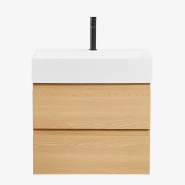 Ona Zwevend Badkamermeubelset Van Hout En Essenfineer Met Geïntegreerde Wastafel Natuurlijk Hout & Spiegelloze & Zwart ↑20 Cm - Sklum