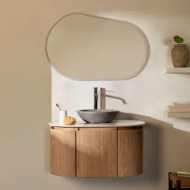 Carsone Hangend Badkamermeubelset Van Hout Natuurlijk Hout & Zonder Extra Eenheid & Rond Grijs Cement Ø40 Cm Tarsis & Ovaal Led En Anticondens - Sklum