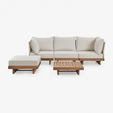 Woonkamerset Met 3-delige Modulaire Bank Met 2 Hoekfauteuils, Salontafel En Poef In Acaciahout Dailin Acacia Bruin - Sklum