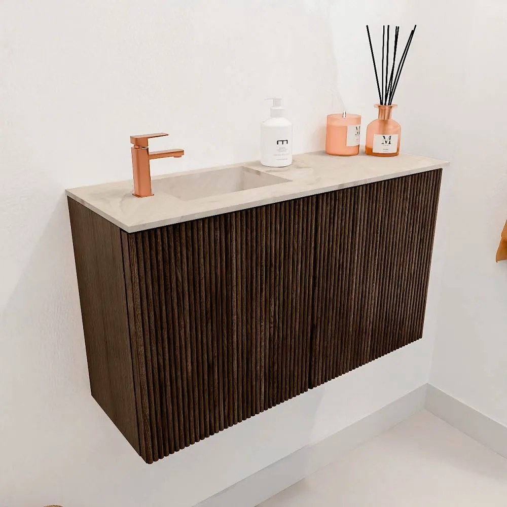 Mondiaz Joya DLux 70cm toiletmeubel walnut met wastafel faye links 1 kraangat frappe
