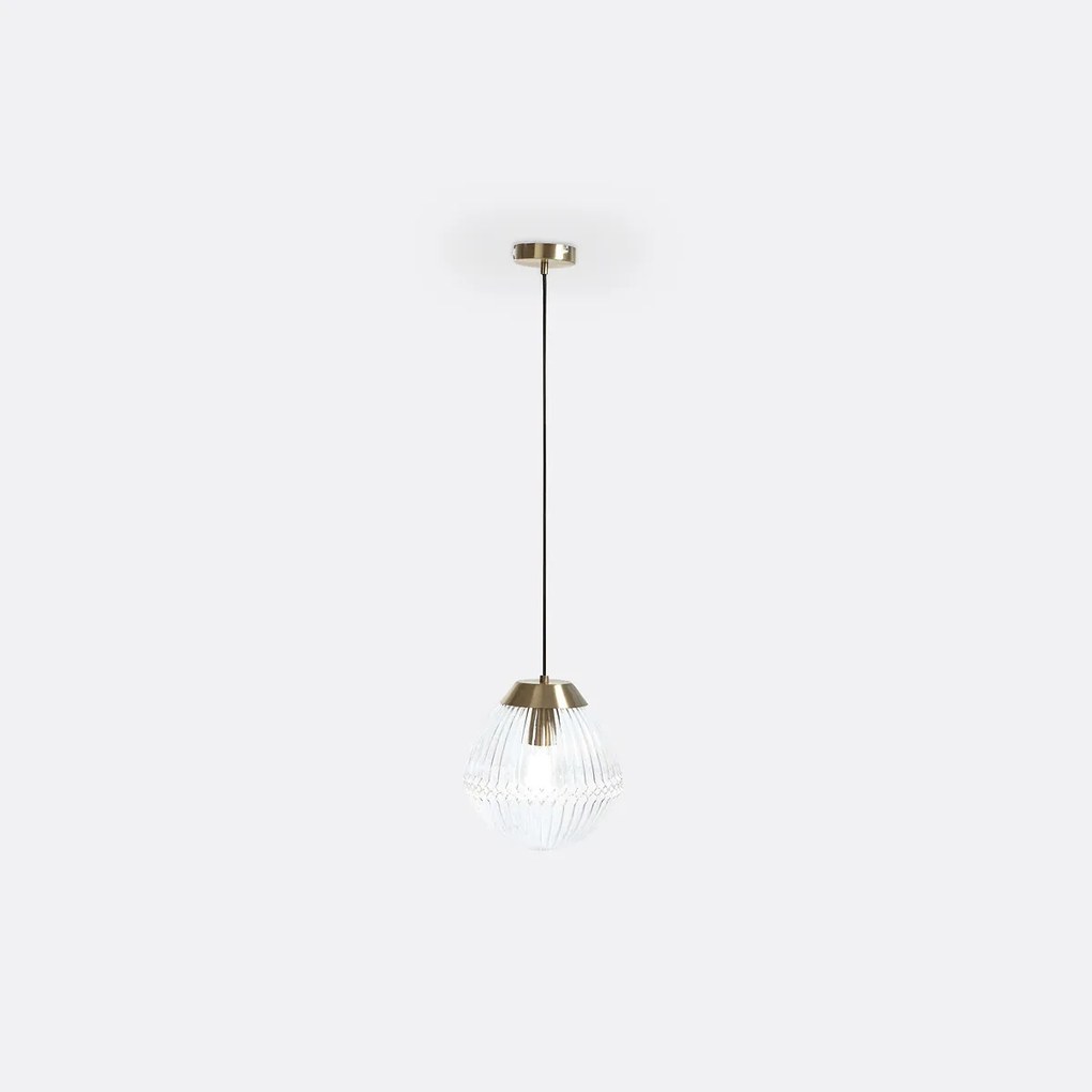 Hanglamp in messing en geribbeld glasØ26 cm, Ari