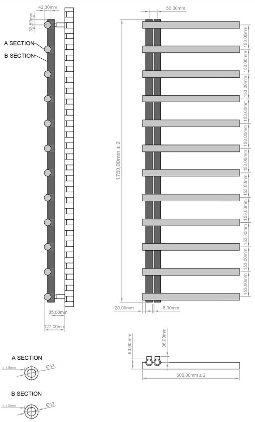 Eastbrook Marlow E-style handdoekradiator 60x175cm 861W grijs mat