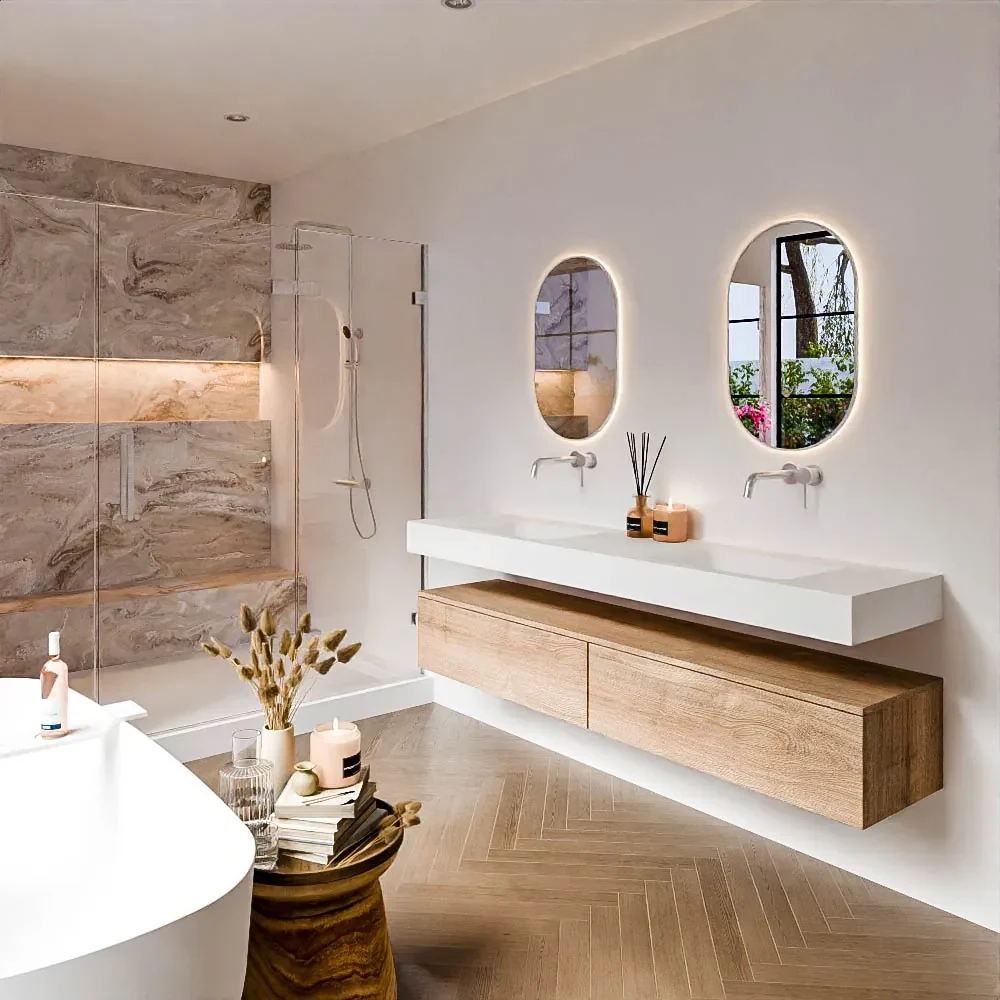 Zaro Alan badmeubel 190cm washed oak 2 lades met vrijhangende wastafel cloud dubbel zonder kraangat talc