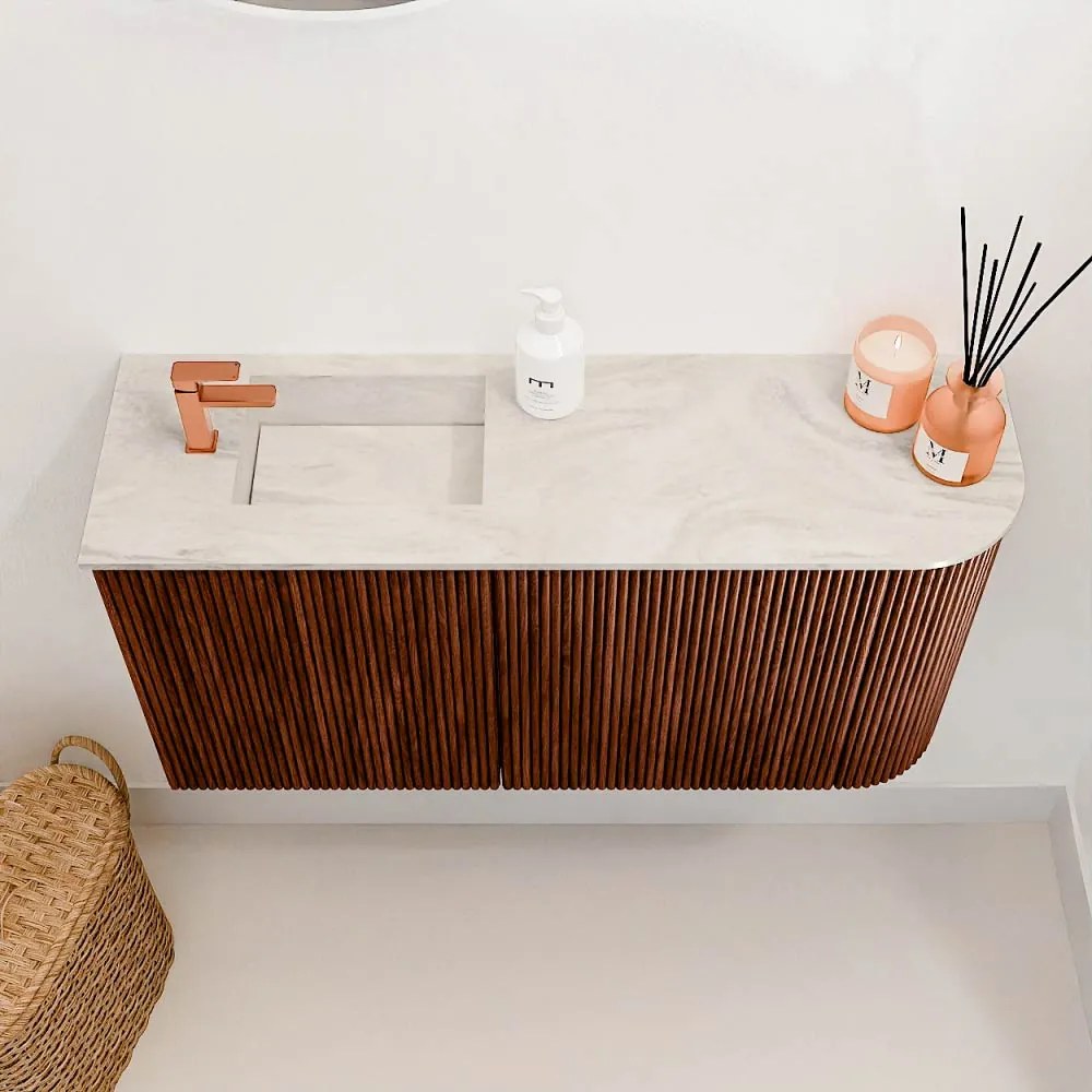 Mondiaz Joya DLux 80cm toiletmeubel ronding rechts ruby met wastafel faye links 1 kraangat ostra