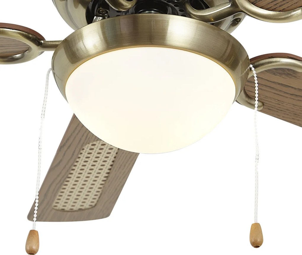 Plafondventilator messing met hout print en rotan 100cm met trekschakelaar - Mistral Majas