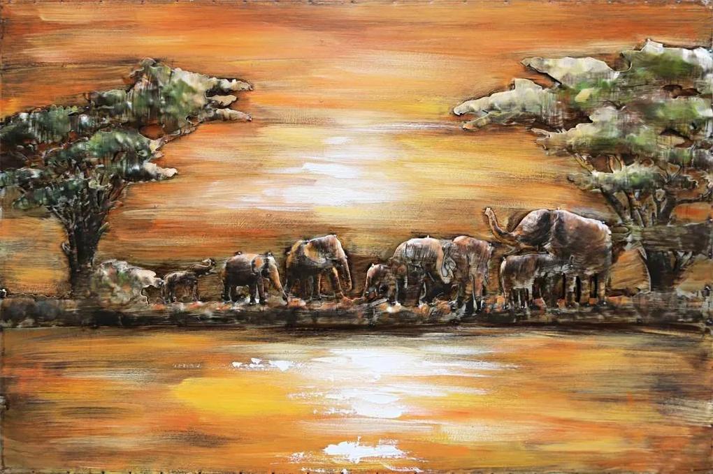 Schilderij - Metaalschilderij - Olifanten in Afrika, 120x80cm