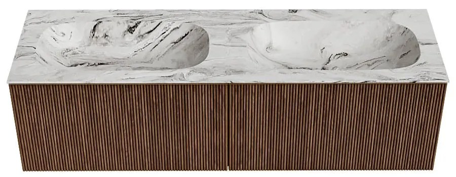 Mondiaz Kurve-dlux 150cm badmeubel walnut met 2 lades en wastafel stor small dubbel 2 kraangaten glace