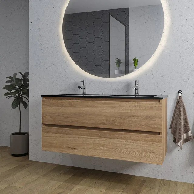 Adema Chaci Badkamermeubelset - 120x46x57cm - 2 keramische wasbakken zwart - 2 kraangaten - 2 lades - ronde spiegel met verlichting - eiken SW1212781/SW761657/SW161923