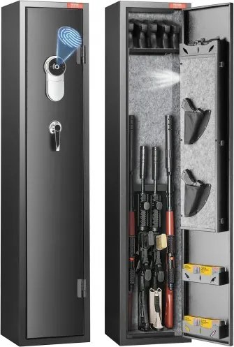 VEVOR Geweerkast, Lange Wapenkast voor 5 Geweren, Geweerkluis met Verwijderbare Planken & 2 Pistooltassen, Grote Wapenkast met Sleutel- & Vingerafdrukslot & Dula Alarmsysteem