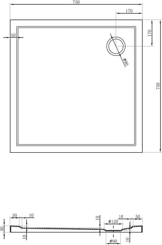 Mexen Flow douchebak vierkant slank 75 x 75 cm, wit glans - 46S107575