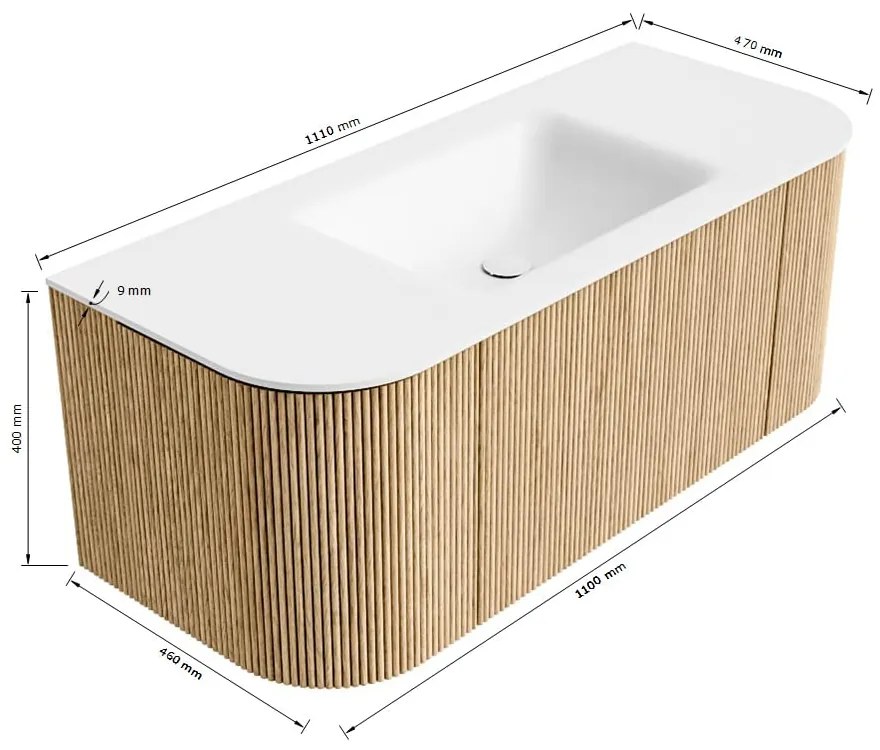 Mondiaz Kurve 110cm badmeubel ronding links/rechts oak met 1 lade en 2 deuren en wastafel cloud midden zonder kraangat urban