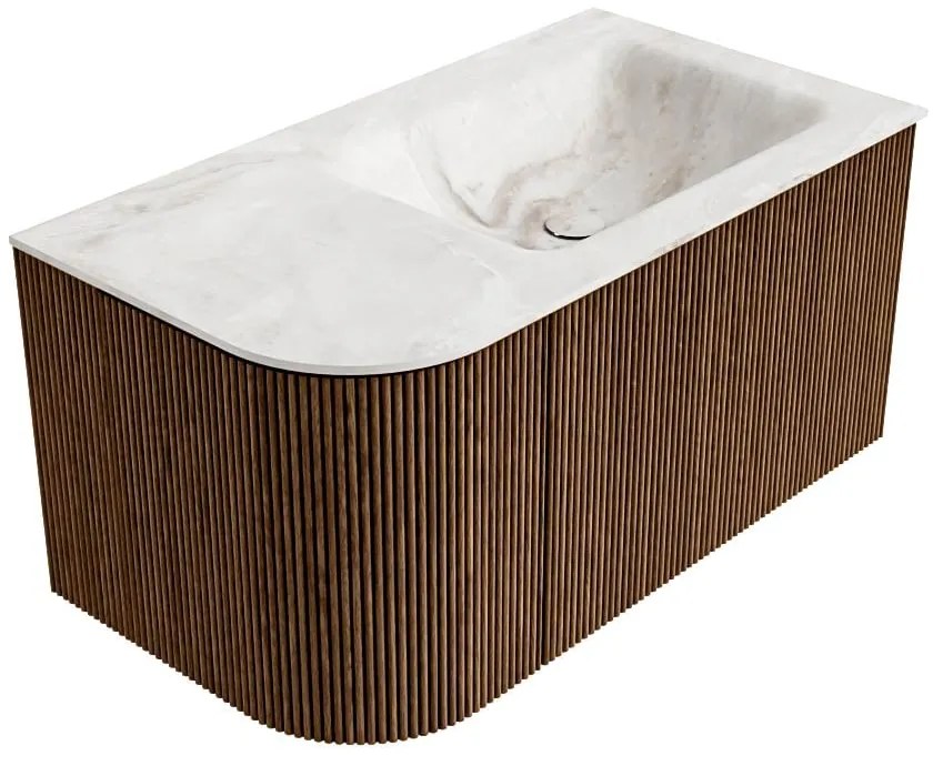 Mondiaz Kurve-dlux 85cm badmeubel ronding links walnut met 1 lade en deur en wastafel cloud rechts zonder kraangat frappe