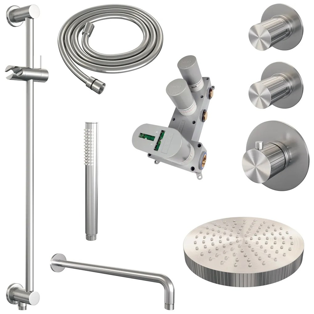 Brauer Stripe inbouw regendouche met 25cm hoofddouche, gebogen muurarm, staafhanddouche en glijstang set 8 RVS geborsteld PVD