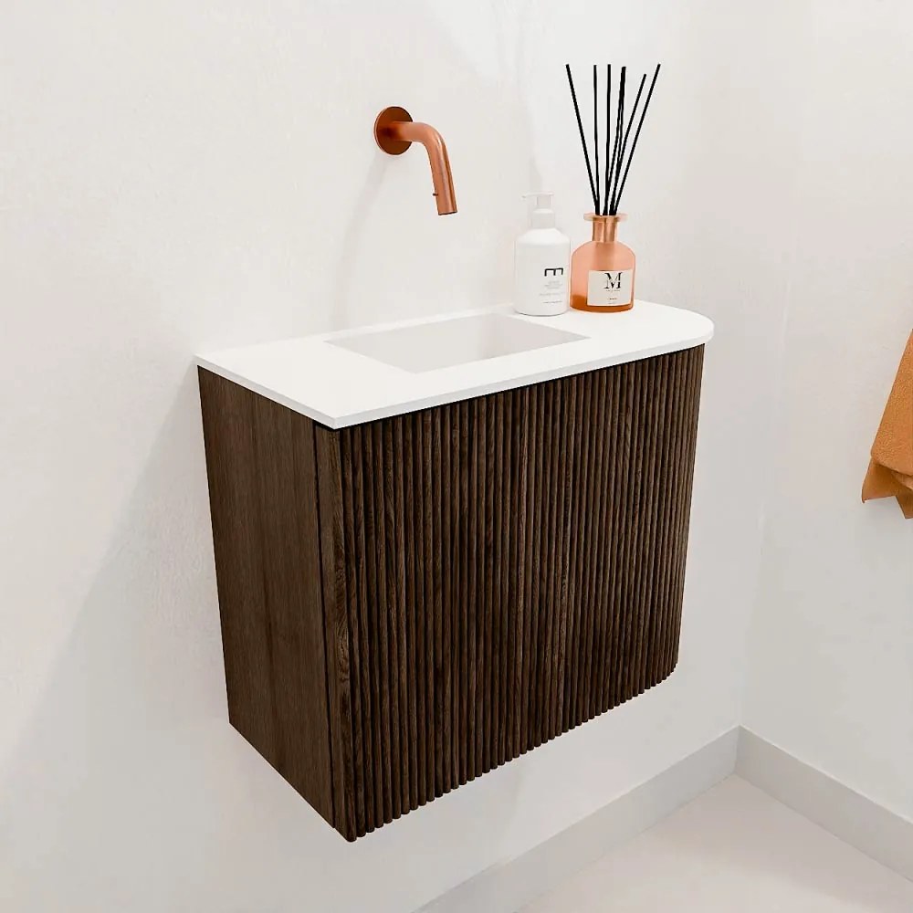 Mondiaz Joya 50cm toiletmeubel ronding rechts walnut met wastafel faye links zonder kraangat talc