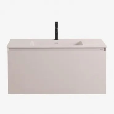 Macrae Zwevend Houten Badkamermeubelset Met Geïntegreerde Wastafel Beige – Linnen & Spiegelloze & Mat Zwart ↑20 Cm Met Afvoerkraan Met Overloop Orveta