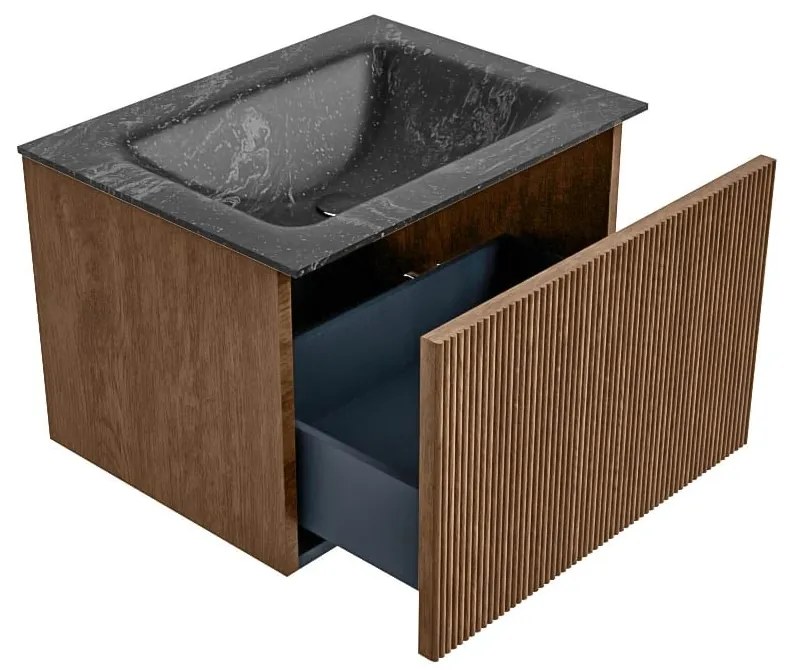 Mondiaz Kurve-dlux 60cm badmeubel walnut met 1 lade en wastafel cloud midden zonder kraangat lava