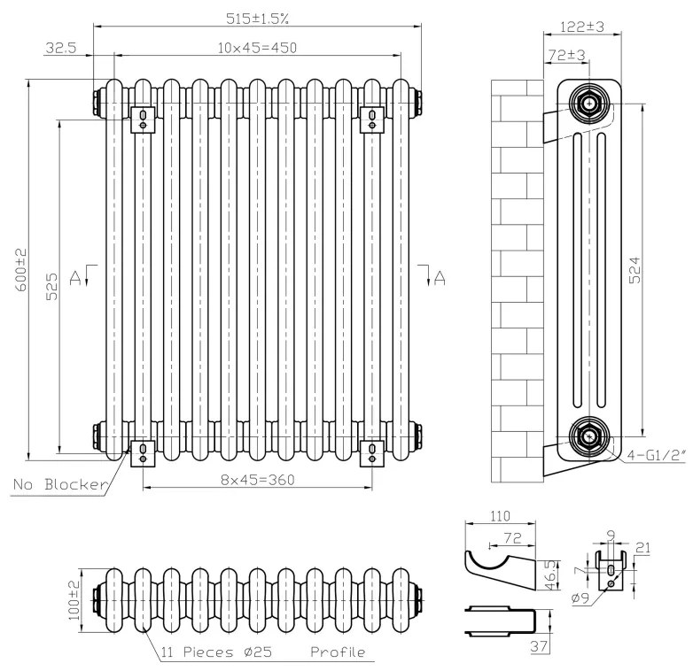 Eastbrook Imperia 3 koloms radiator 50x60cm 1040W antraciet