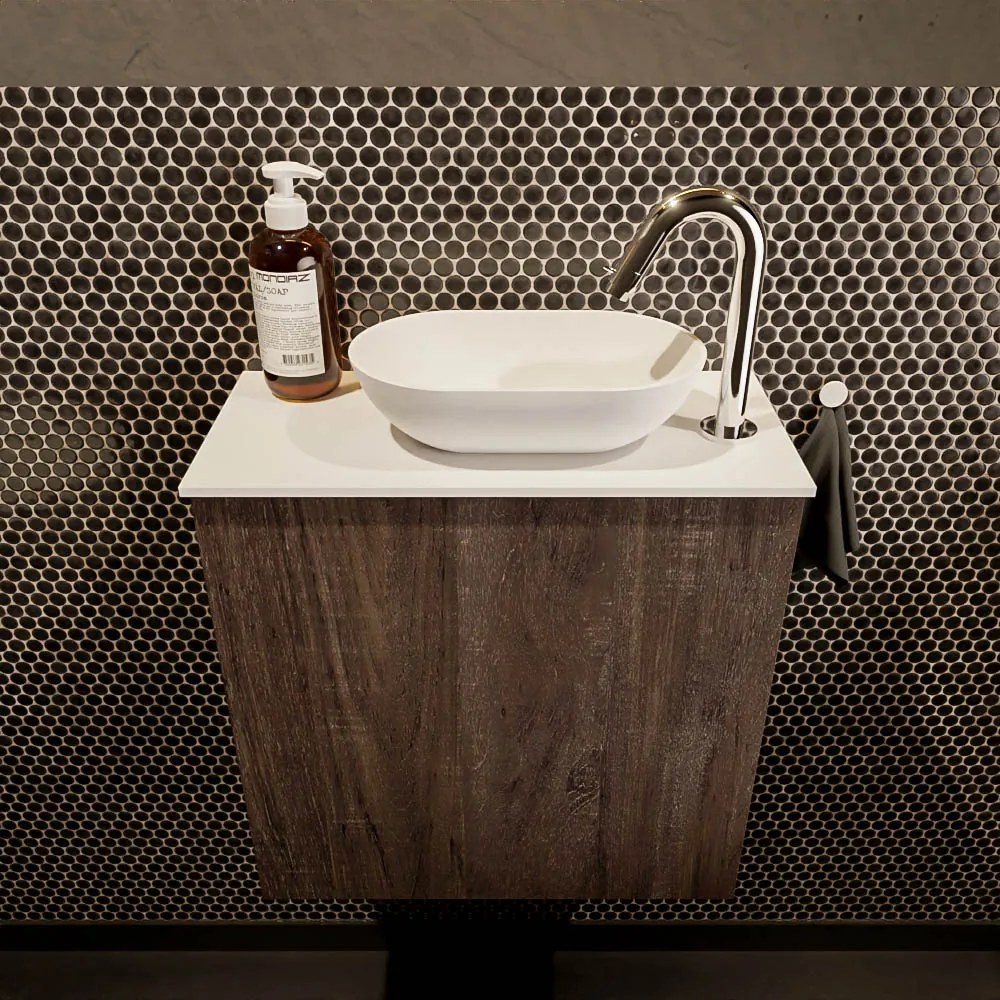 Mondiaz Fowy toiletmeubel 50cm dark brown met witte waskom rechts en kraangat