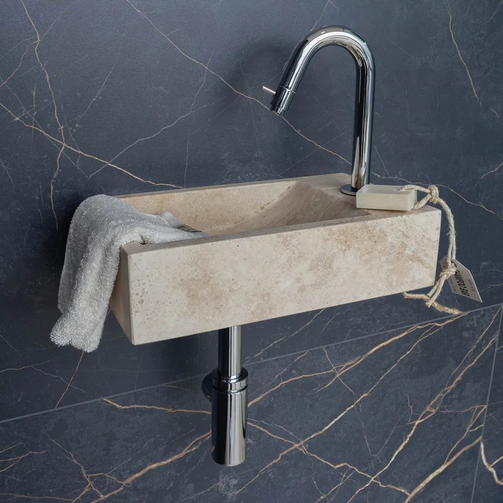 Saniclear White Travertin fonteinset met gebogen kraan in chroom