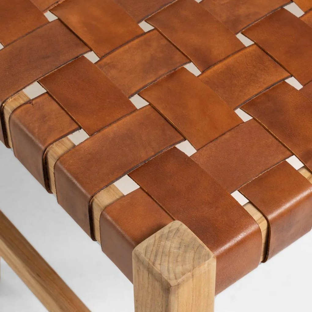 Houten Bankje Met Bruin Leer