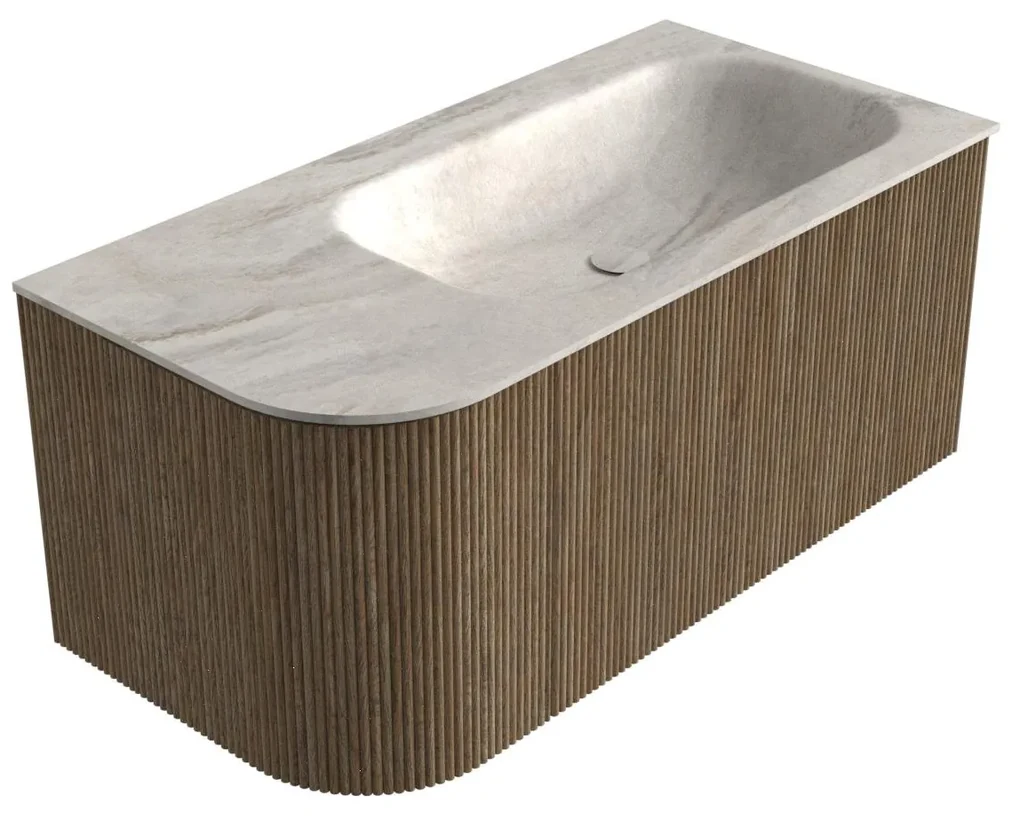 Mondiaz Kurve-dlux 95cm badmeubel ronding links dusk met 1 lade en deur en wastafel big small rechts zonder kraangat ostra
