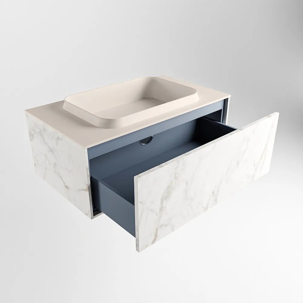 Mondiaz Erin 80cm badmeubel Carrara met 1 lade en beige wastafel midden zonder kraangaten