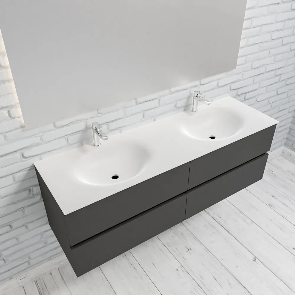 Zaro Sevilla Solid Surface badmeubel 150cm mat antraciet 2 kraangaten dubbele spoelbak 4 lades