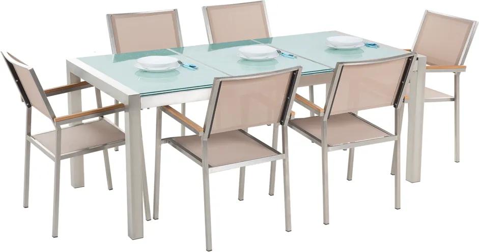 Tuinset matglas/RVS driedelig tafelblad 180 x 90 cm met 6 stoelen beige GROSSETO