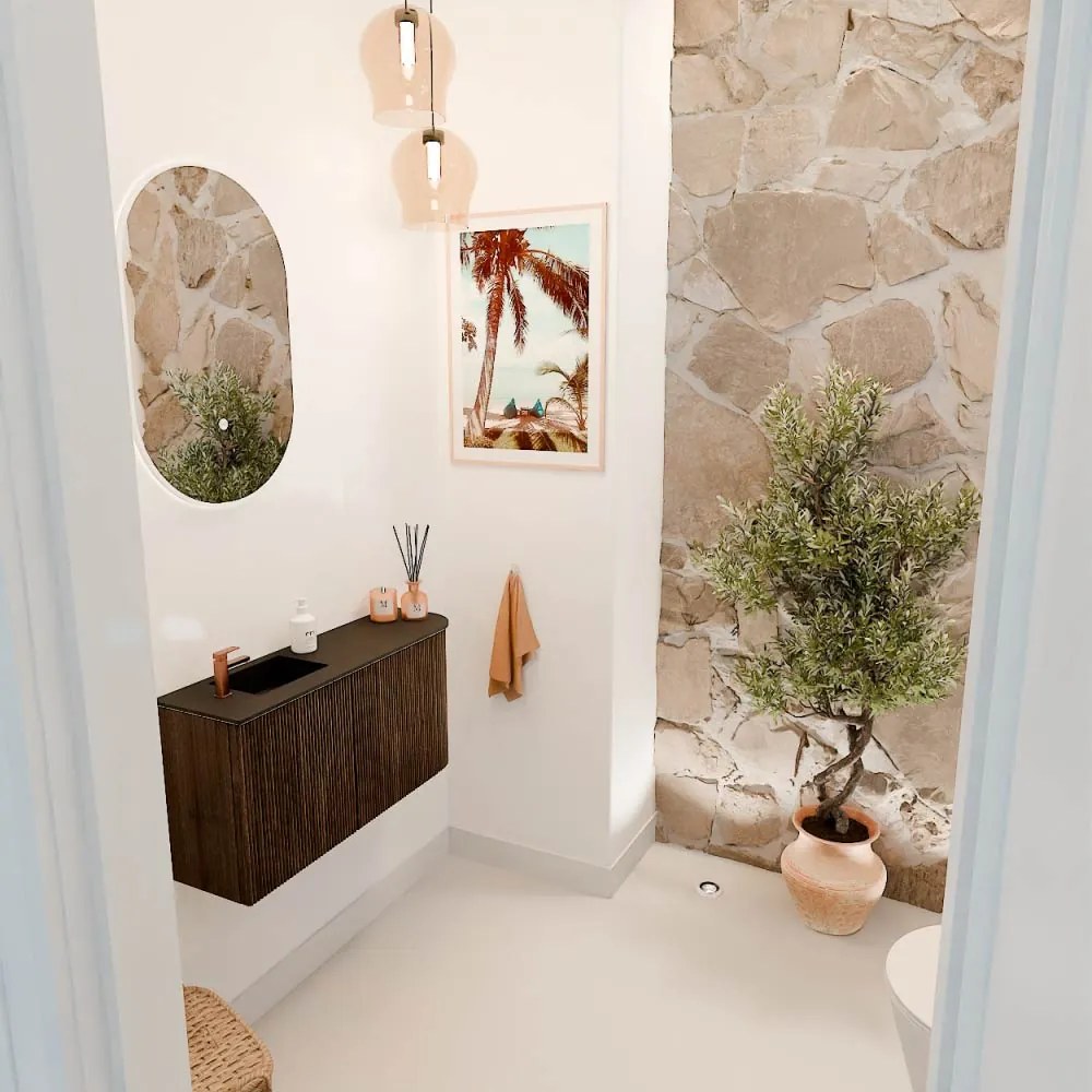 Mondiaz Joya 80cm toiletmeubel ronding rechts walnut met wastafel faye links 1 kraangat urban