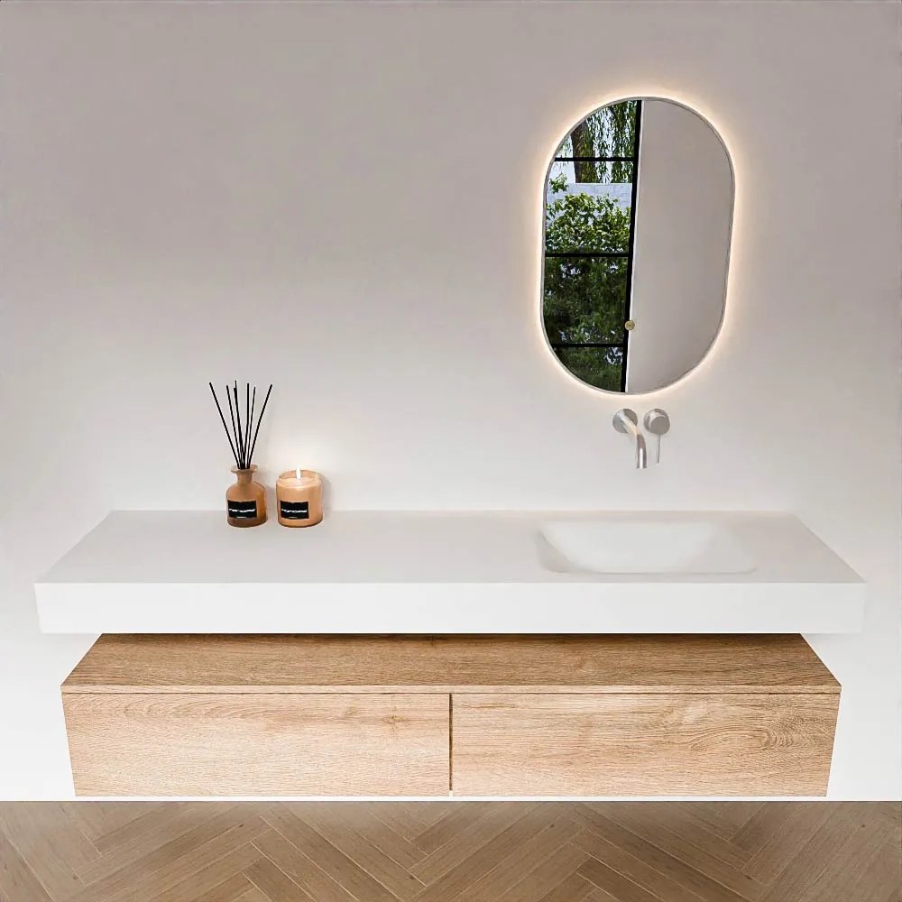 Zaro Alan badmeubel 180cm washed oak 2 lades met vrijhangende wastafel cloud rechts zonder kraangat talc