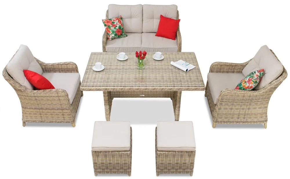 Toledo Apetito 4 technorattan set met beige Garden Point poefs