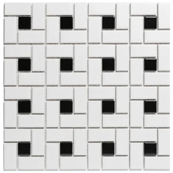 The Mosaic Factory Paris mozaïektegel 2.3x4.8x0.6cm en 2.3x2.3x0.6cm wandtegel voor binnen en buiten pinwheel porselein mat wit met glanzend zwart PAPW140915
