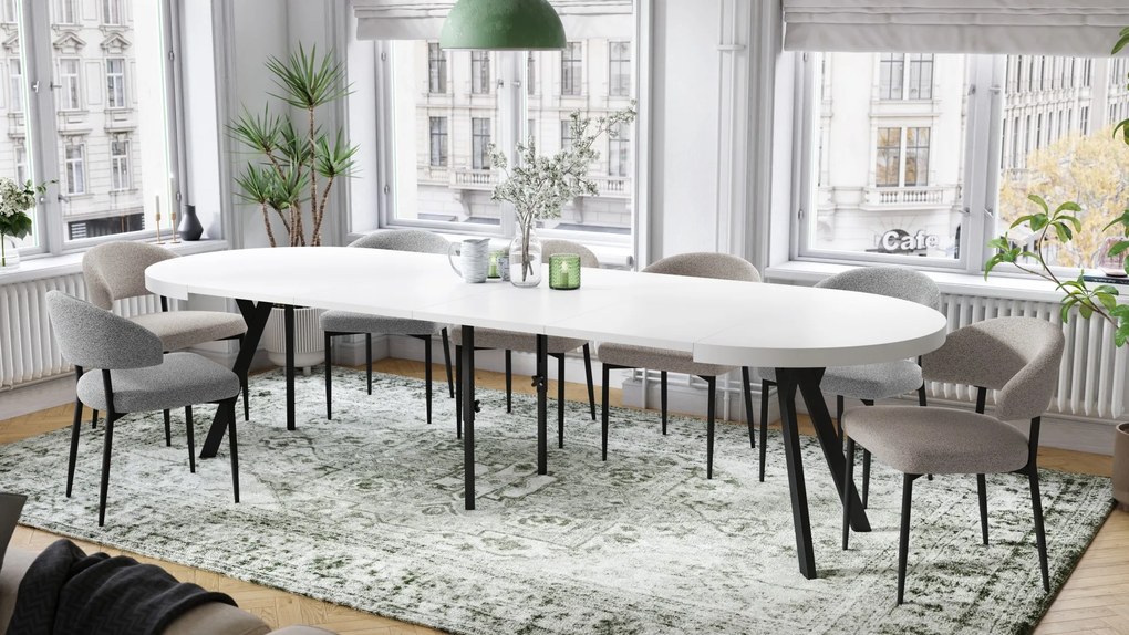 EXPANSO Wit mat/zwarte poten - GROTE RONDE TAFEL Ø110 UITBREIDBAAR TOT 310 cm met Y-POTEN LOFT/INDUSTRIAL