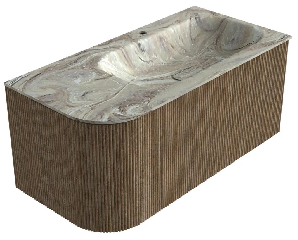 Mondiaz Kurve-dlux 95cm badmeubel ronding links dusk met 1 lade en deur en wastafel big small kraangat rechts glace