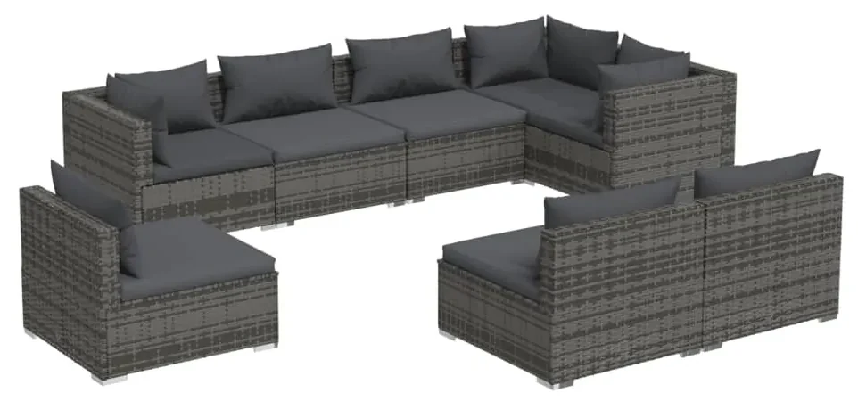 vidaXL 8-delige Loungeset met kussens poly rattan grijs