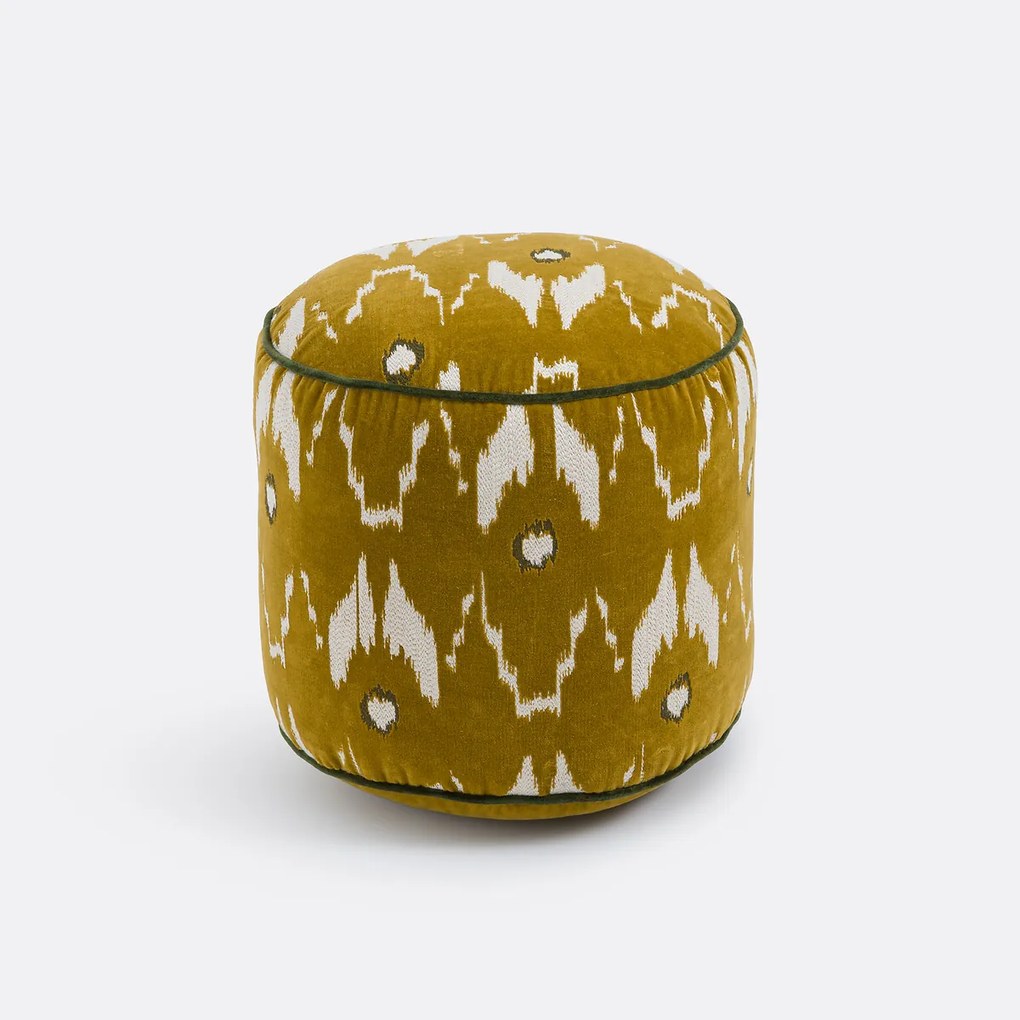 Fluwelen poef, diameter 35 cm, katoen, geborduurd met Ikat-motieven, ASTANA