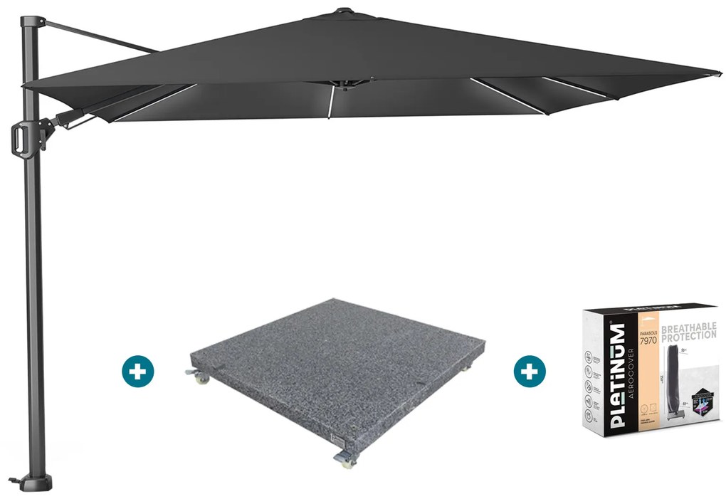Platinum Challenger Zweefparasol T2 Premium Glow 3x3 m. - Faded Black met voet en hoes