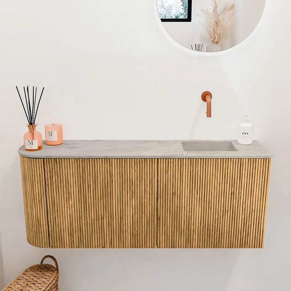 Mondiaz Joya DLux 100cm toiletmeubel ronding links oak met wastafel faye rechts zonder kraangat glace