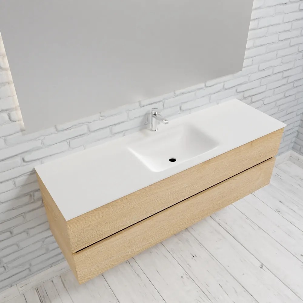 Zaro Valencia Solid Surface badmeubel 150cm licht eiken 1 kraangat spoelbak midden met 2 lades