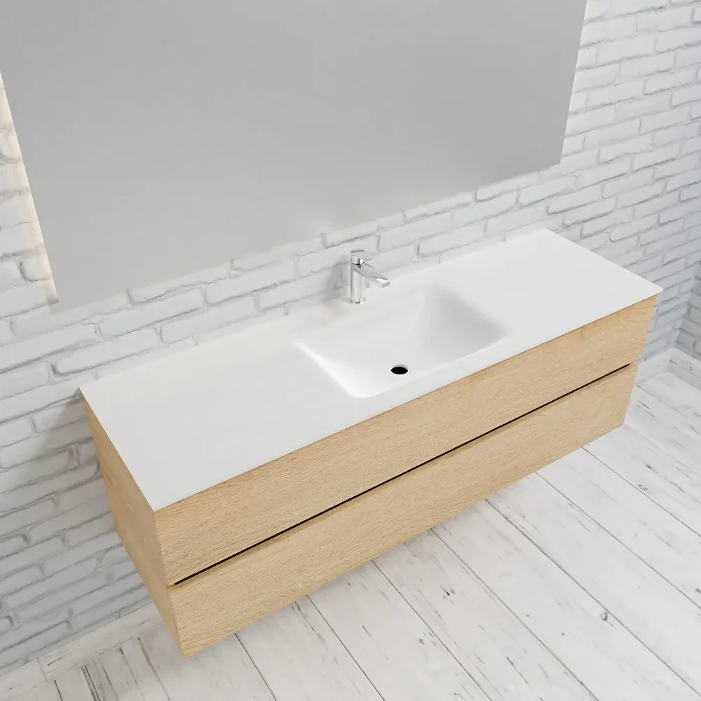 Zaro Valencia Solid Surface badmeubel 150cm licht eiken 1 kraangat spoelbak midden met 2 lades