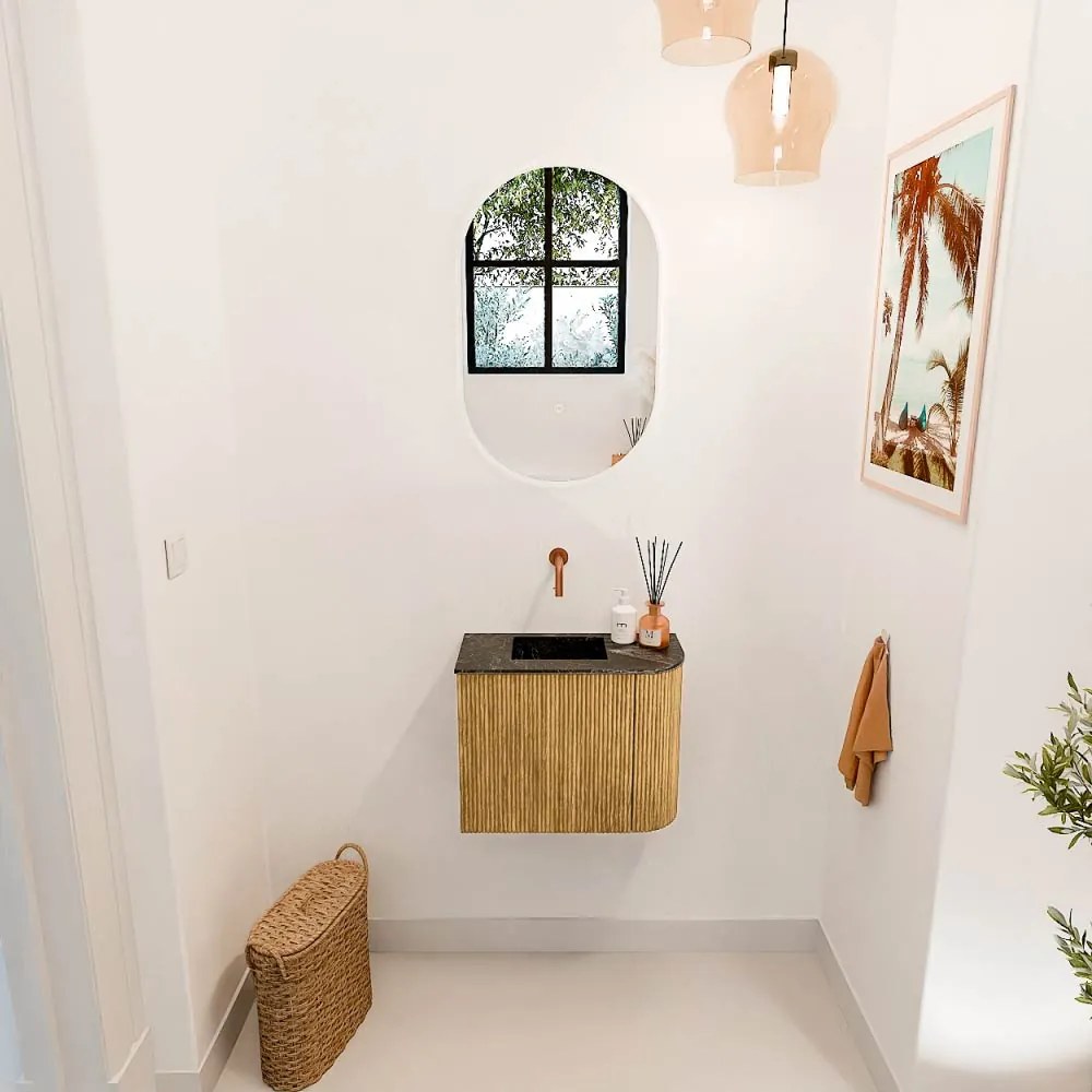 Mondiaz Joya DLux 50cm toiletmeubel ronding rechts oak met wastafel faye links zonder kraangat lava