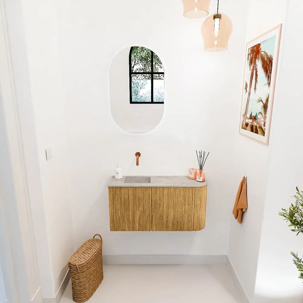 Mondiaz Joya DLux 80cm toiletmeubel ronding rechts oak met wastafel faye links zonder kraangat glace