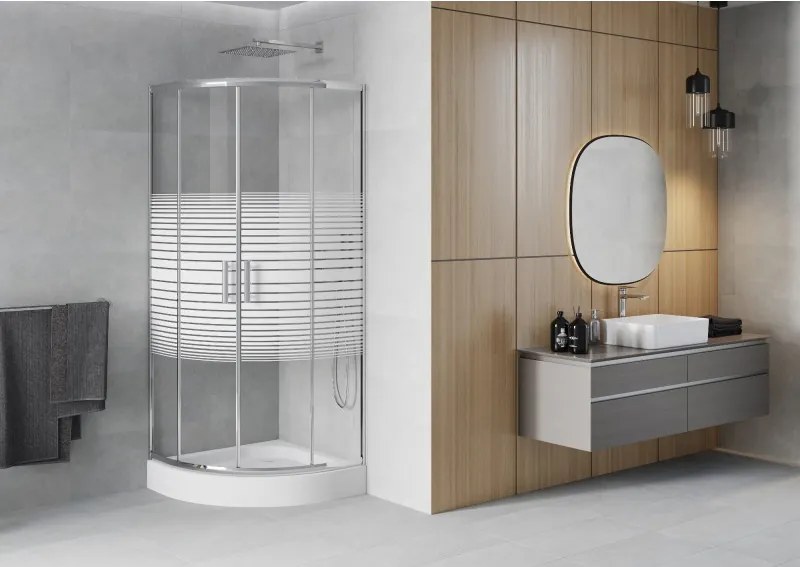 Mexen Rio halfronde douchecabine 70 x 70 cm, witte strepen, chroom + douchebak, wit - 863-070-070-01-20-4710