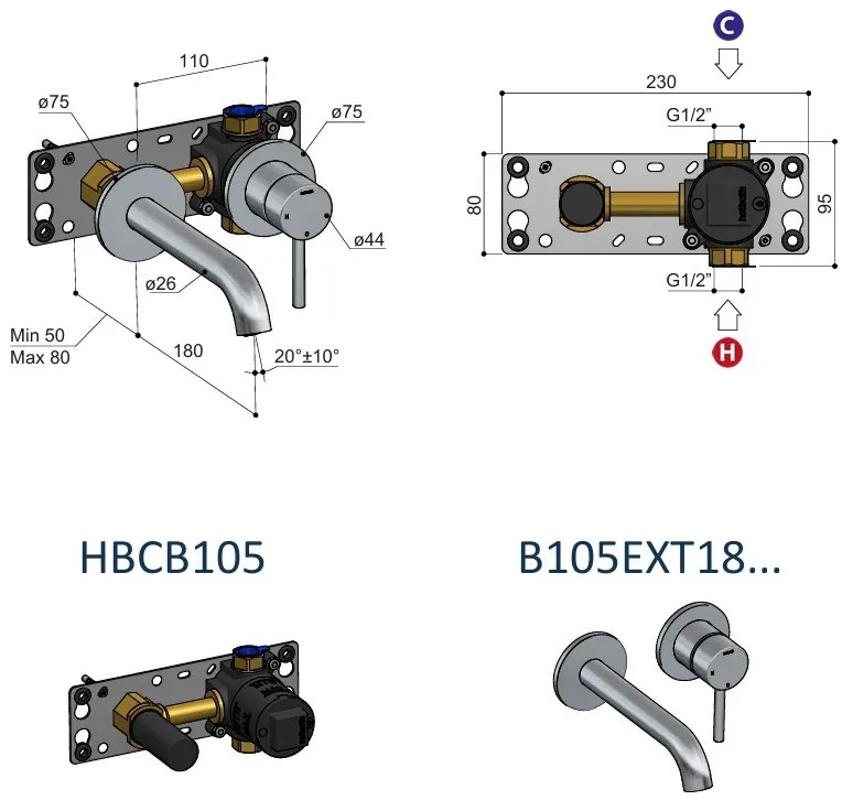 Hotbath Buddy inbouw wastafelkraan 18cm geborsteld nikkel