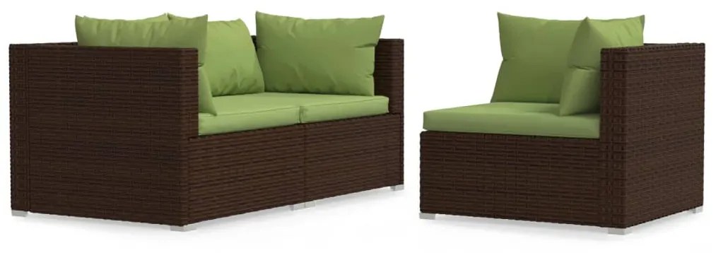 vidaXL 3-delige Loungeset met kussens poly rattan bruin