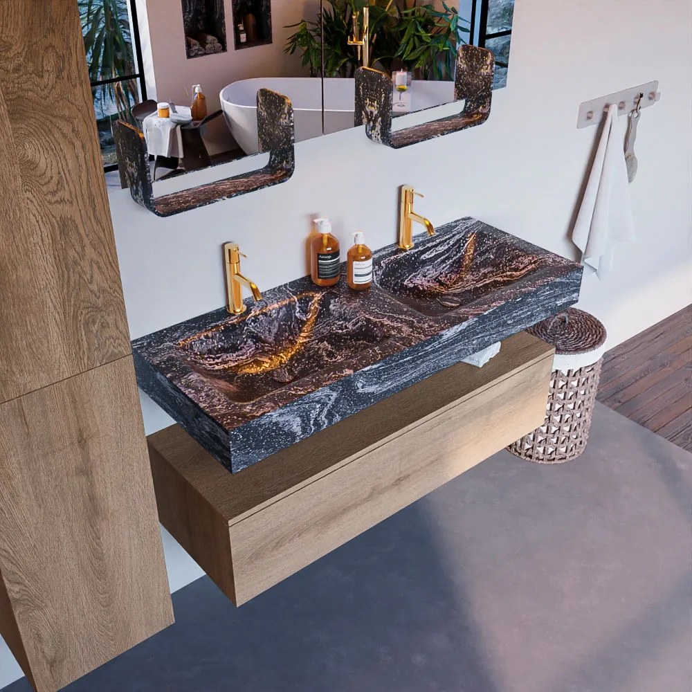 Mondiaz Alan DLux badmeubel 120cm washed oak 1 lade met wastafel lava dubbel 2 kraangaten